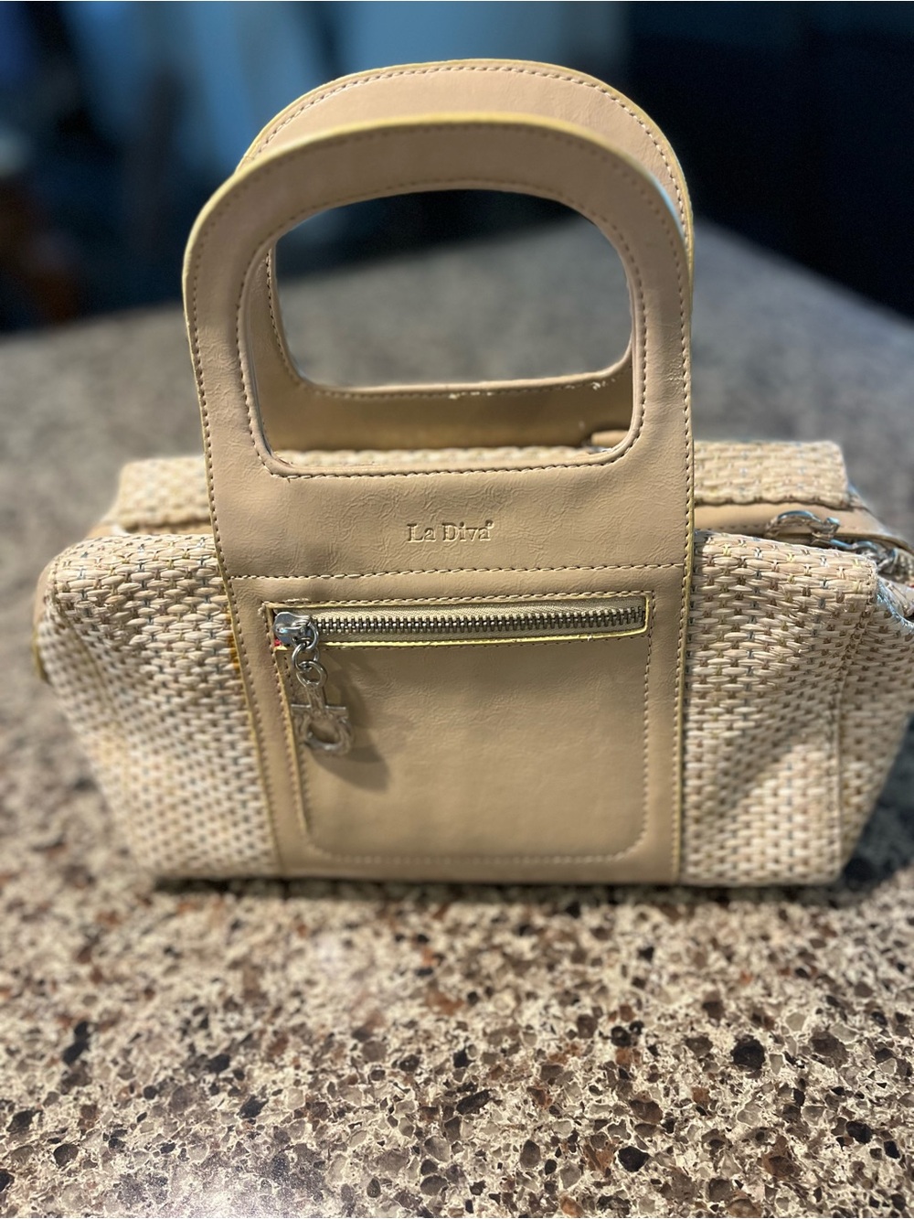 La Diva Cream Woven Top-Handle Bag